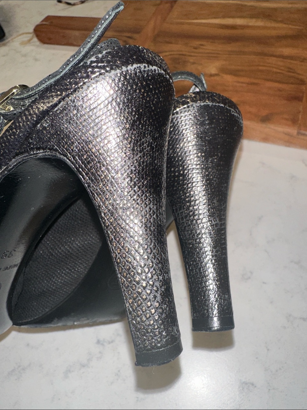 CHANEL Black Slingback Peep-Toe Heels with Gold CC Cap-Toe - Picture 9 of 12